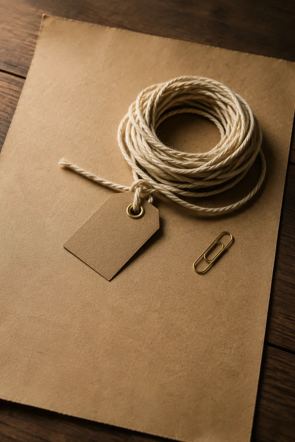 A coil of cotton twine and a blank paper tag on kraft paper