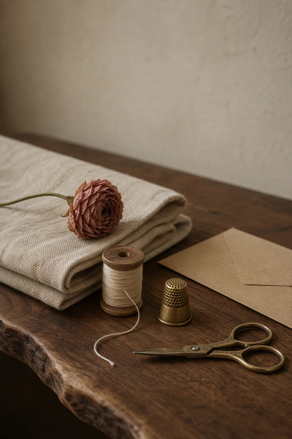 Linen cloth, cotton thread and brass hand tools on a walnut worktable