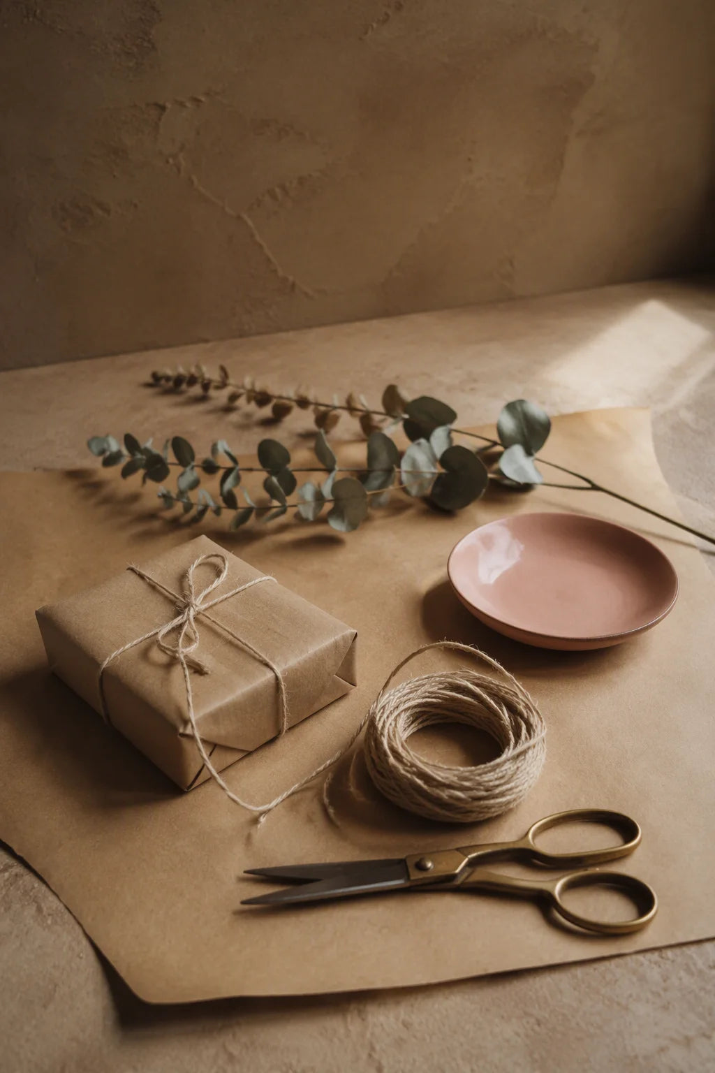 Kraft paper, twine and dried eucalyptus laid out on a worktable