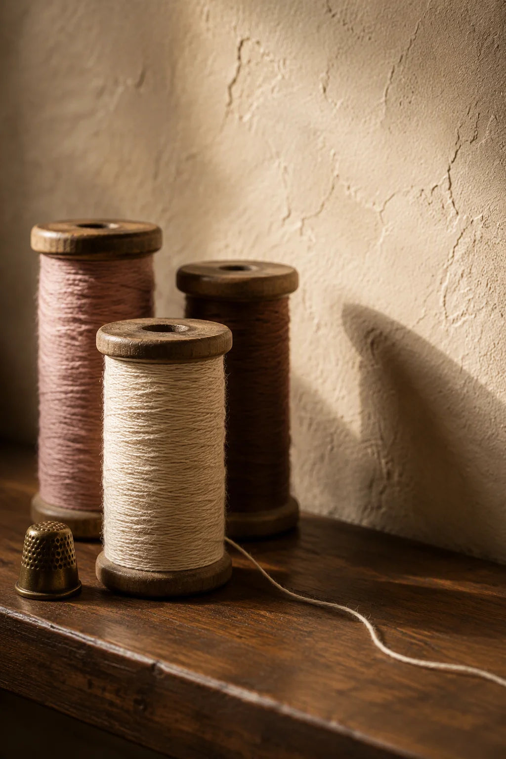 Three wooden spools of cotton thread against a plaster wall